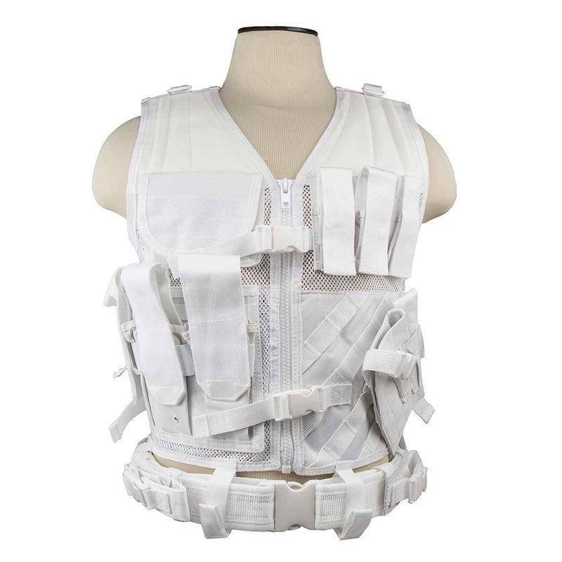 The Vism color white tactical vest adjustable for sizes from medium to x large.